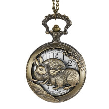 Bronze Pocket Watch Rabbit Quartz Pocket Watch Pendant Necklace Chain Clock Unisex with Steampunk Accessory