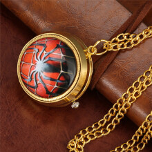 Yellow Golden Turnable Case Animal Spider Pattern Unisex Kid Quartz Analog Pocket Watch Arabic Number Display Long Chain