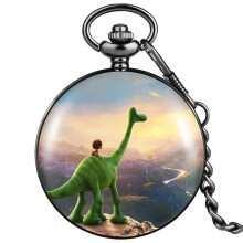 Green Dinosaurs And Kid Watching Dusk Quartz Pocket Watch Boy Generous Dial Girl Alloy Case Thick Chain Pendant Watch