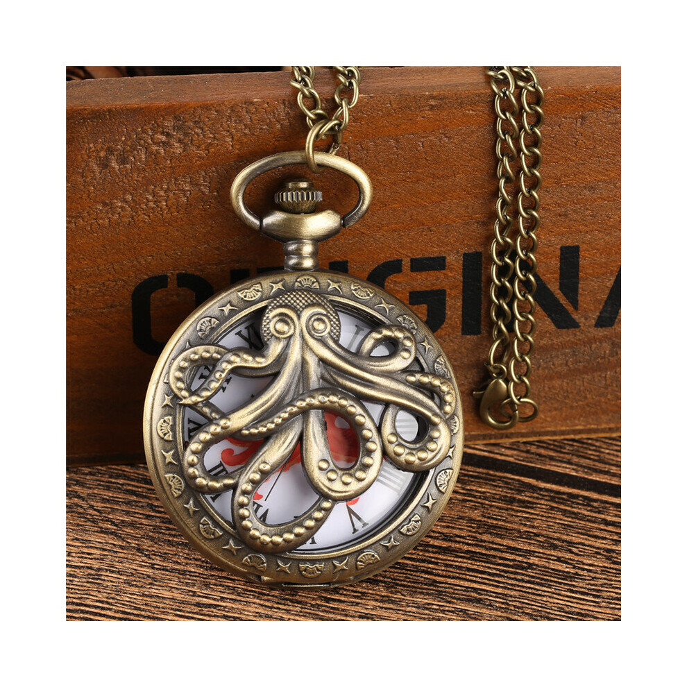 Classic Bronze Octopus Half Hunter Pocket Watch Men Women Quartz Hollow Clock Necklace Pendant Chain Roman Number Display Gift-image-OPC-PBTJPFW-NEW