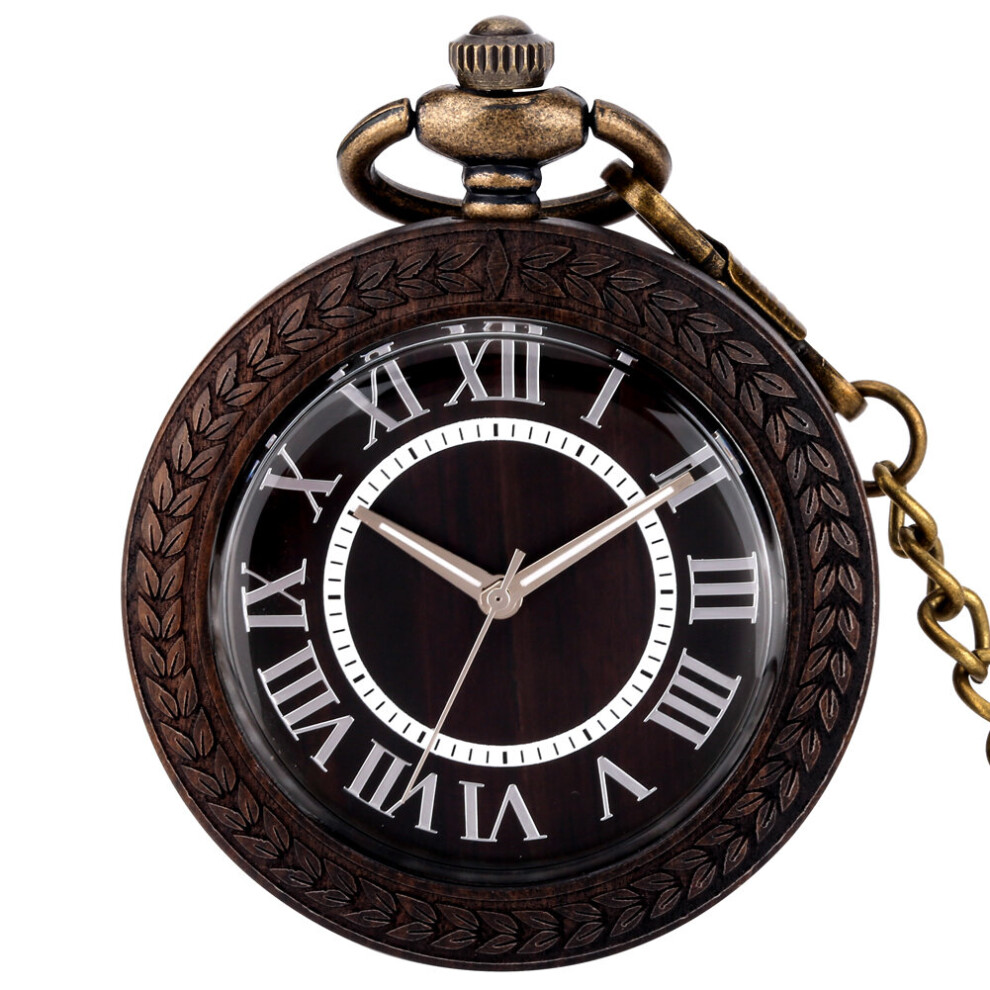 Capless Ebony Clock Pocket Watch Vintage Wood Pocket Watches Pendant Gift for Men Women Roman Numeral Dial Necklace Thick Chain-image-OPC-PBTJPM6-NEW