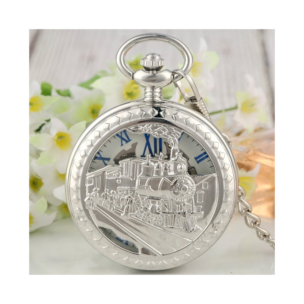 Silver Openwork Train Pattern Manual Mechanical Pocket Watch Roman Numerals Dial Pendant Pocket Watches Necklace Clock Gift-image-OPC-PBTJPNG-NEW