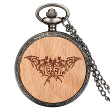 Unisex Personality Pocket Watch Pasted with Beech Bat Large Wood Chip Slim Chain Arabic Digital Quartz Pendant Clock Gift