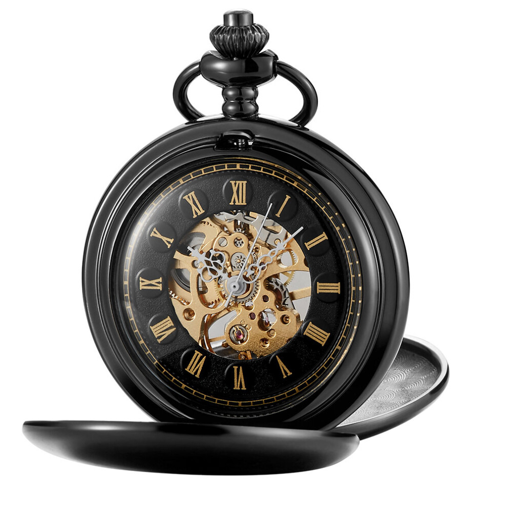 Unique Silver Pocket Watch Mechanical Hand-winding Fob Watch Smooth Case Roman Numerals Dial Retro Clock Chain Pendants-image-OPC-PBTJPSB-NEW