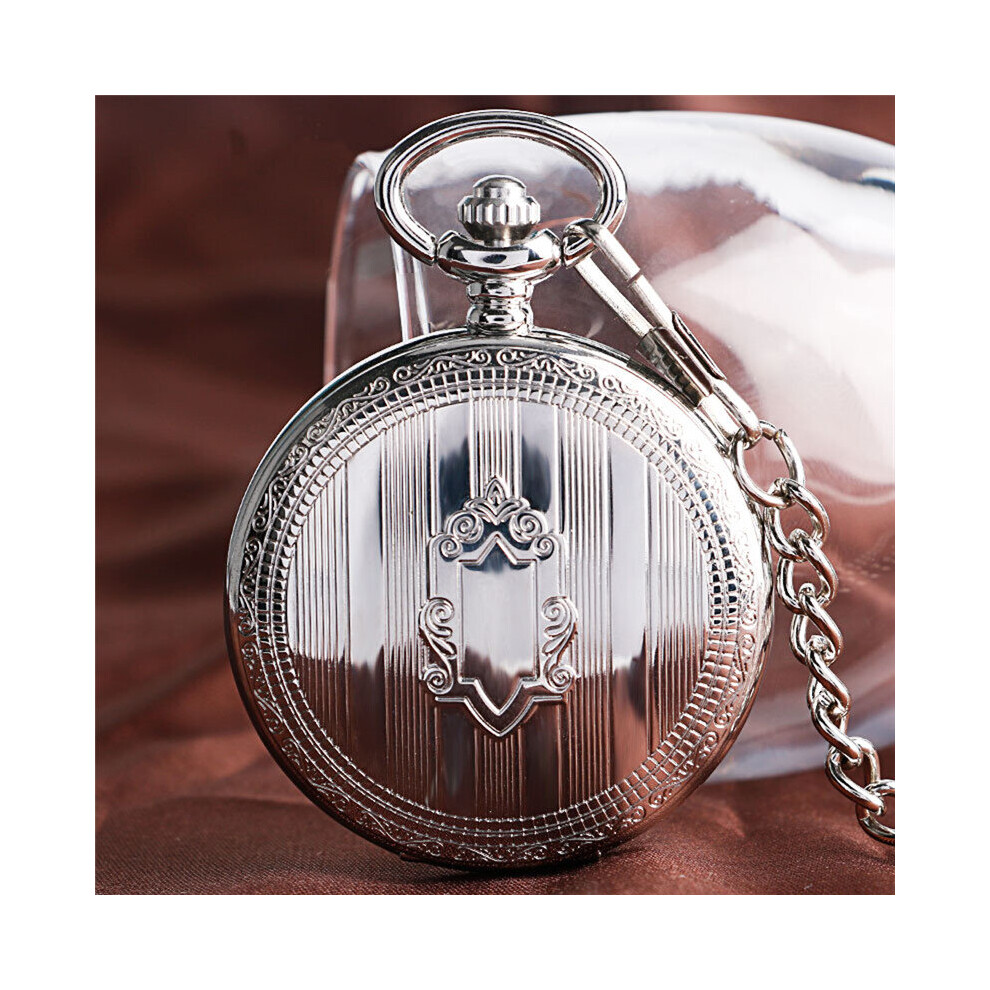 Silver Shield Full Hunter Case Men Women Skeleton Automatic Mechanical Pocket Watch Arabic Number Retro Clock Pendant Chain Gift-image-OPC-PBTJPSV-NEW
