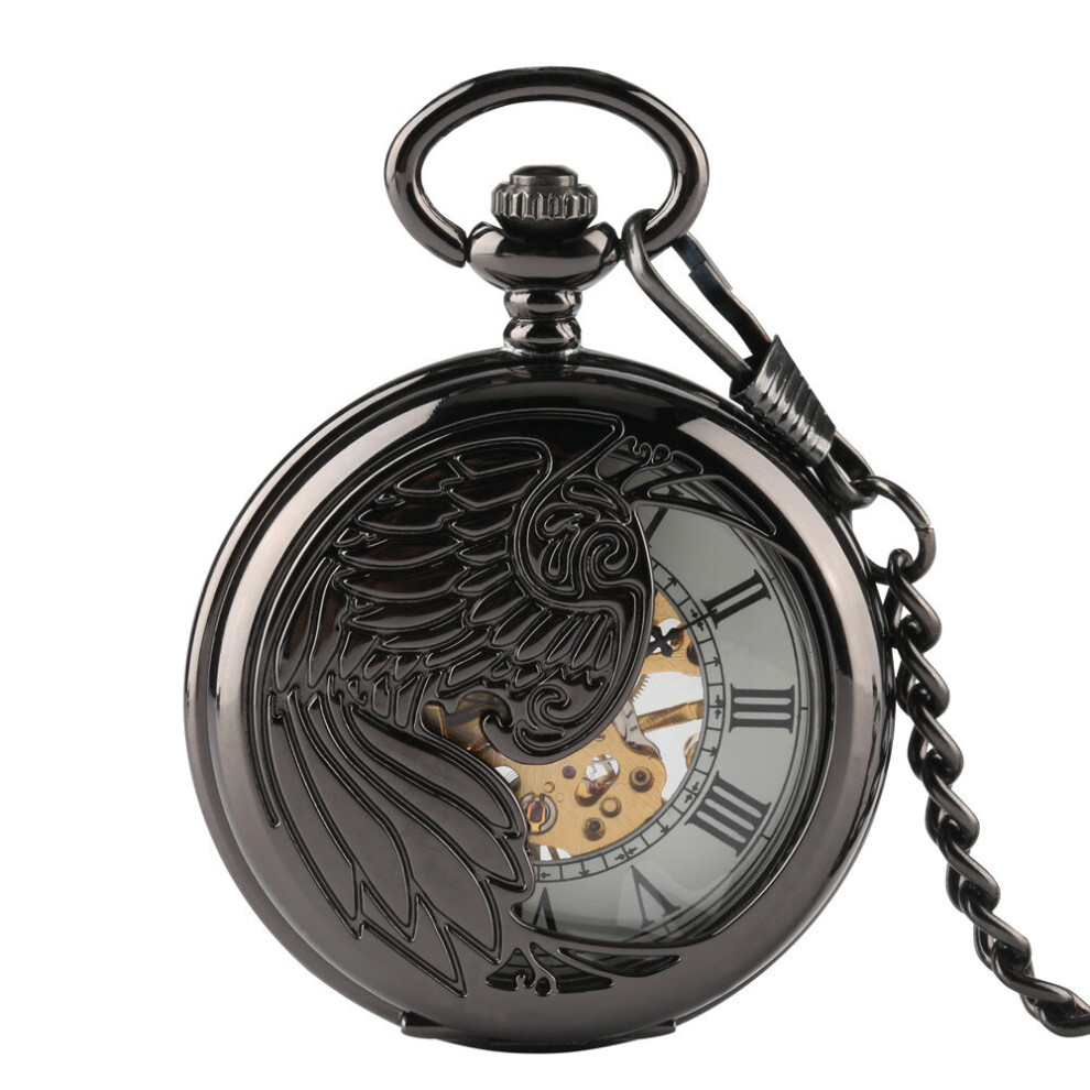 Vintage Wing Pattern Mechanical Pocket Watch Male Retro Pocket Pendant Clock with Chain Half Hunter Manual Timepiece reloj-image-OPC-PBTJPT7-NEW