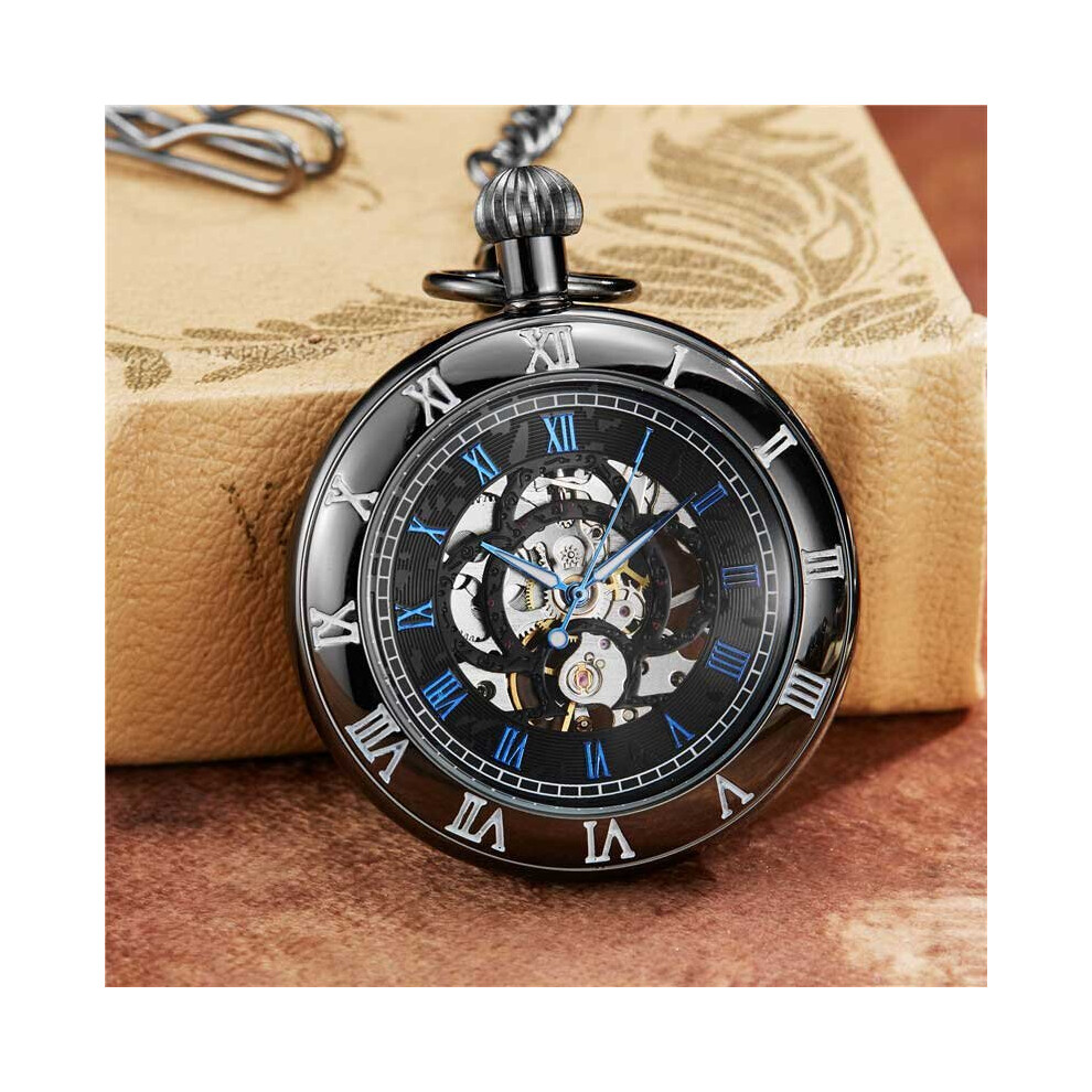 Vintage Roman Dial Mehanical Pocket Watch FOB Chain Skeleton Hand Wind Mechanical Mens Womens Watch Double scale Round Dial-image-OPC-PBTJPY5-NEW