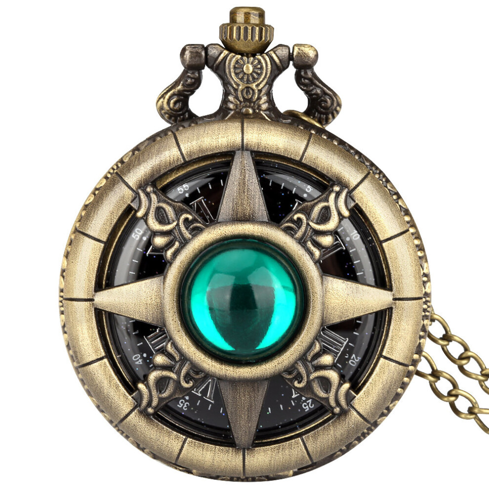 Bronze Hollow Rudder Jade Emerald Stone Starry Sky Dial Steampunk Quartz Pocket Watch Chain Pendant Clock Antique-image-OPC-PBTJPZG-NEW