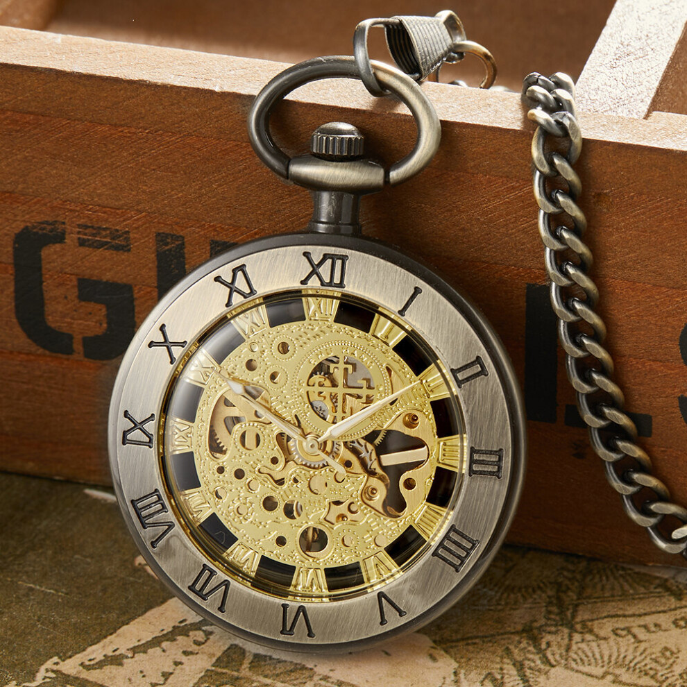 Bronze Vintage Mechanical Pocket Watch Men Roman Dial Fob Chains Skeleton Steampunk Clock Antique Pendant Necklace reloj hombre-image-OPC-PBTJQRD-NEW