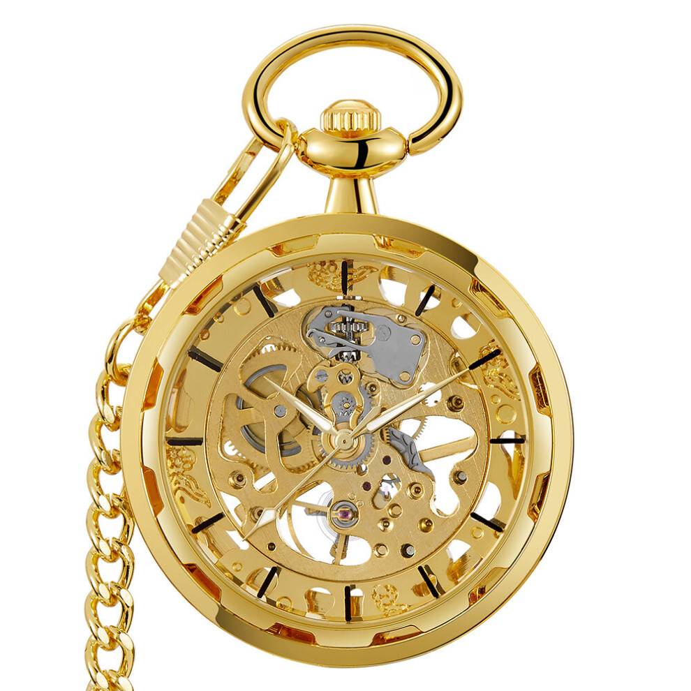 Hand Wind Mechanical Pocket Watches Roman Numeral Dial Skeleton Mechanical Flip Watch Men Clock With Fob Chain Gift-image-OPC-PBTJRJF-NEW