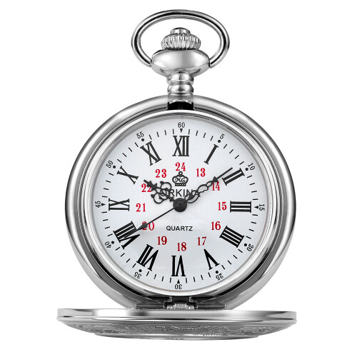 Roman Numerials Open Case Mechanical Hand Wind Pocket Watch Men Silver