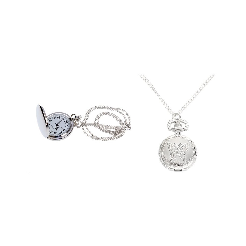 1Pcs Vintage Analog Pocket Watch Necklace Pendant Chain & 1Pcs Silver Quartz Butterfly Arabic Numerals Pocket Watch-image-OPC-PBTJRHB-NEW