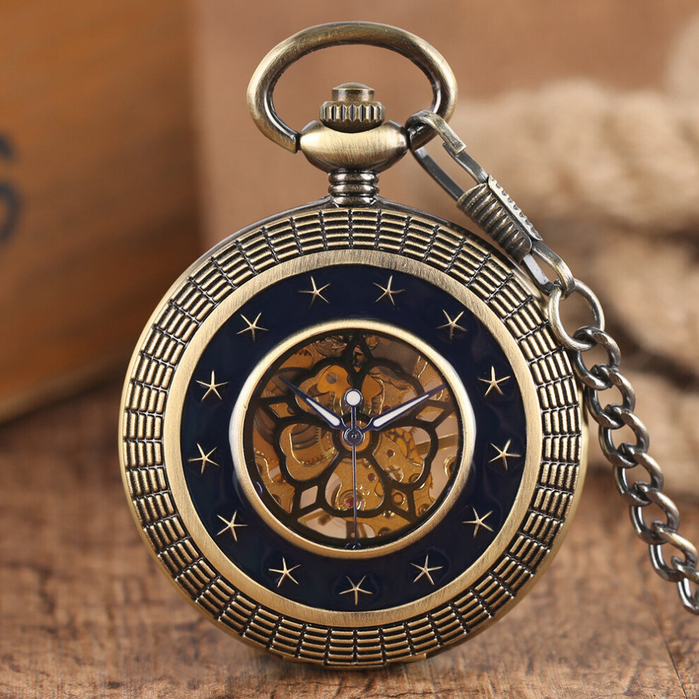 Manual Mechanical Pocket Watch Silver/Gold/Bronze Stars Decor Half Hunter Antique Hand Winding Mechanism Pocket Timepiece-image-OPC-PBTJRSF-NEW