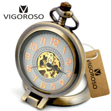 Table Stand Clock Mechanical Pocket Watch Steampunk Transparent Skeleton Back Arabic Numerals With FOB Chain