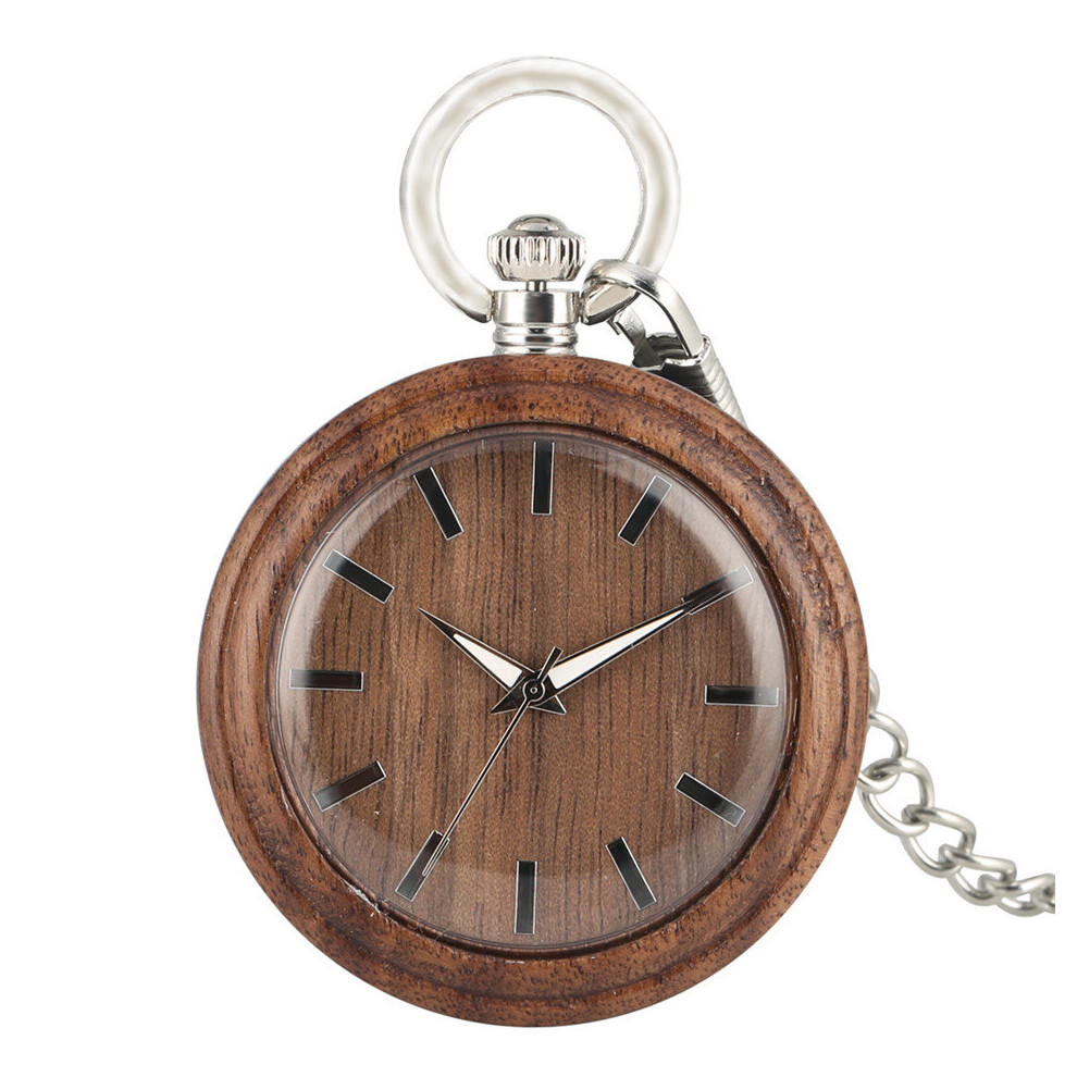 Natural Walnut Wood Quartz Pocket Watch Silver Fob Round Dial Luminous Hands Wooden Pendant Antique Timepiece-image-OPC-PBTJRY9-NEW