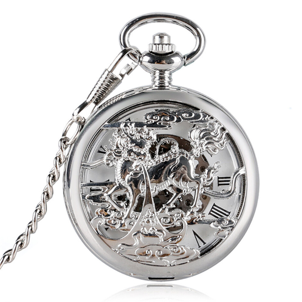 Silver Hollow Beast of Kilin Mechanical Hand Winding Pocket Watch Roman Numerals Steampunk Retro Pocket Chain Pendant Clock Gift-image-OPC-PBTJS9W-NEW