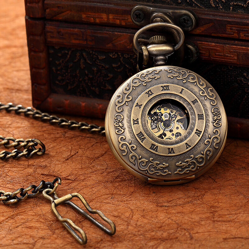 Roman Numeral Antique Mechanical Pocket Watch Bronze Skeleton Case Dial ...