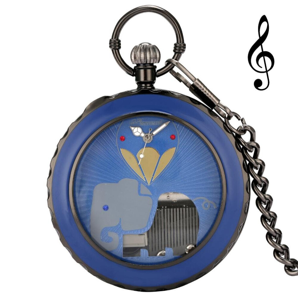 Elephant Animal Dial Hand Crank Playing Music Quartz Pocket Watch Musical Movement FOB Steampunk Chain Watch for Men Women-image-OPC-PBTJSBD-NEW