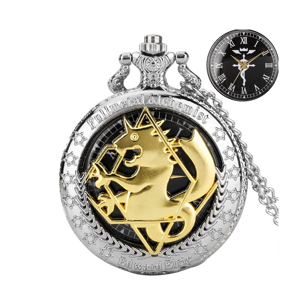 Hollow Silver Tone Fullmetal Alchemist Pocket Watch Cosplay Hollow Edward Elric Anime Pendant Necklace Chain Clocks