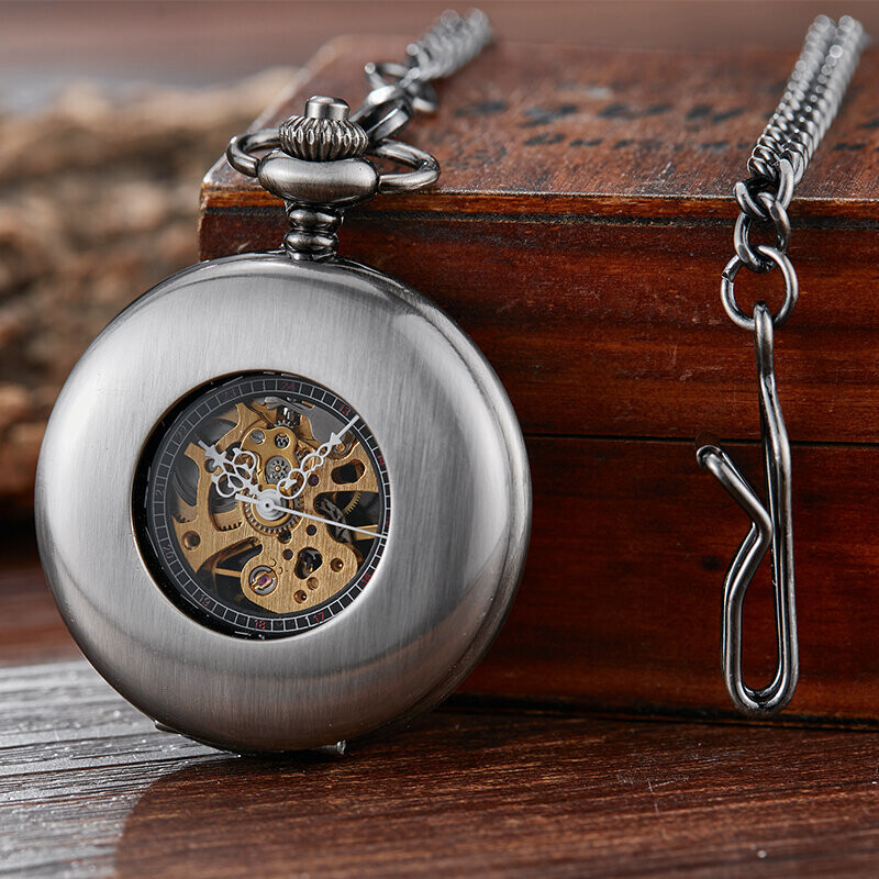 Roman Numeral Number Mechanical Pocket Watch Skeleton Smooth Case Dial ...