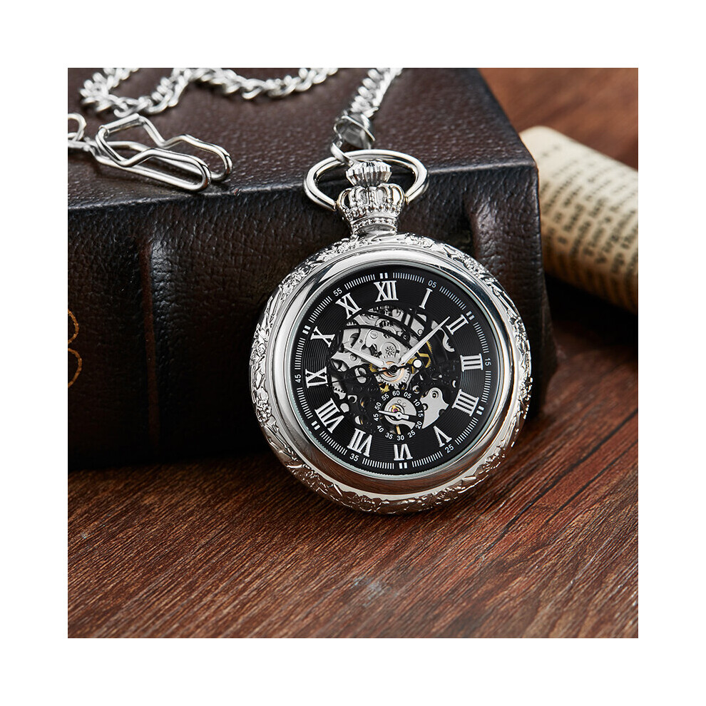 Roman Numeral Dial Mechanical Pocket Watch Sliver Case Skeleton Back Classic Male Fob Chain Clock for Men Women-image-OPC-PBTJSMQ-NEW