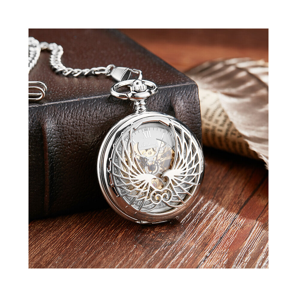 Roman Numeral Doctor Nurse Mechanical Pocket Watch Sliver Skeleton Dial Male Wings Fob Chain Clock for Men-image-OPC-PBTJSKV-NEW