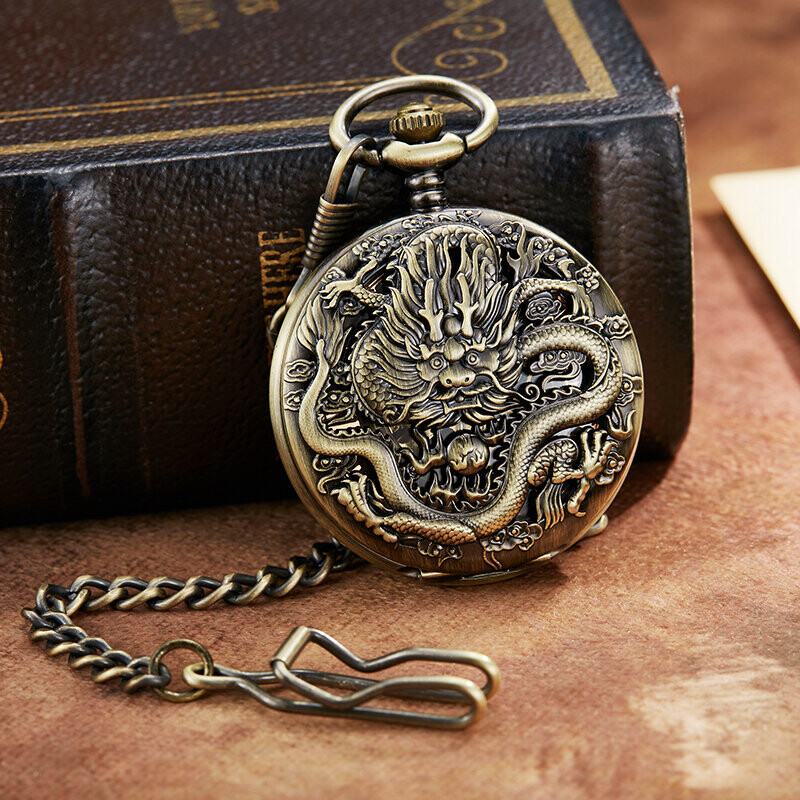 Roman Numeral Antique Mechanical Pocket Watch Old Dragon Steampunk Dual ...