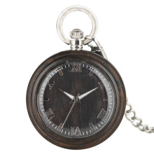 Natural Wooden Pendant Timepiece Silver Roman Numerals Luminous Hands Display Quartz Ebony Wood Pocket Clock Retro Watch