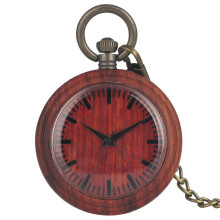 Vintage Red Wood Pendant Watch Scale Dial Open Face Natural Wooden Pocket Clock Bronze Chain Retro Timepiece