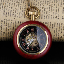 Vintage Mechanical Pocket Watch Wooden Roman Numerals Creative Carving Wood Watches Pendant Chain PJX005