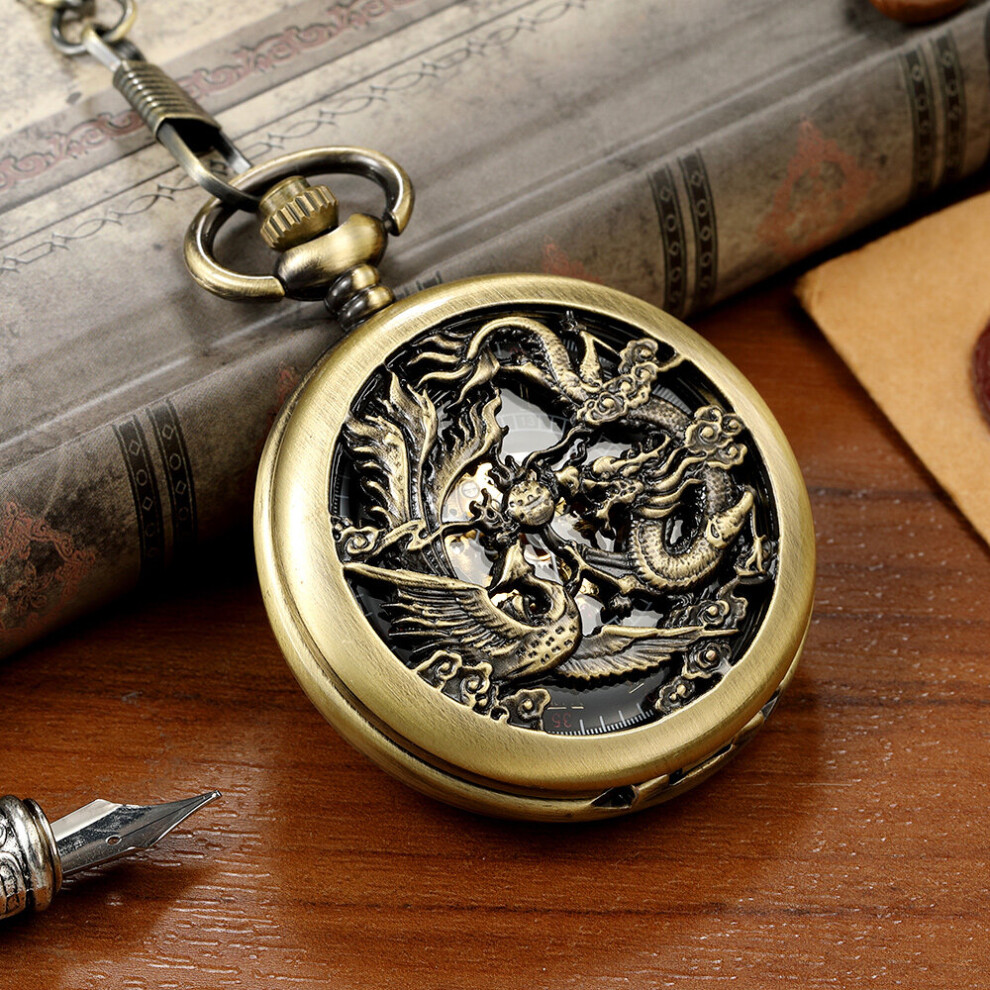 Retro Mechanical Pocket Watch Double Dragon Play Ball Steampunk Skeleton Hand-wind Flip Clock Fob Watch With Chain Gift-image-OPC-PBTJT7W-NEW