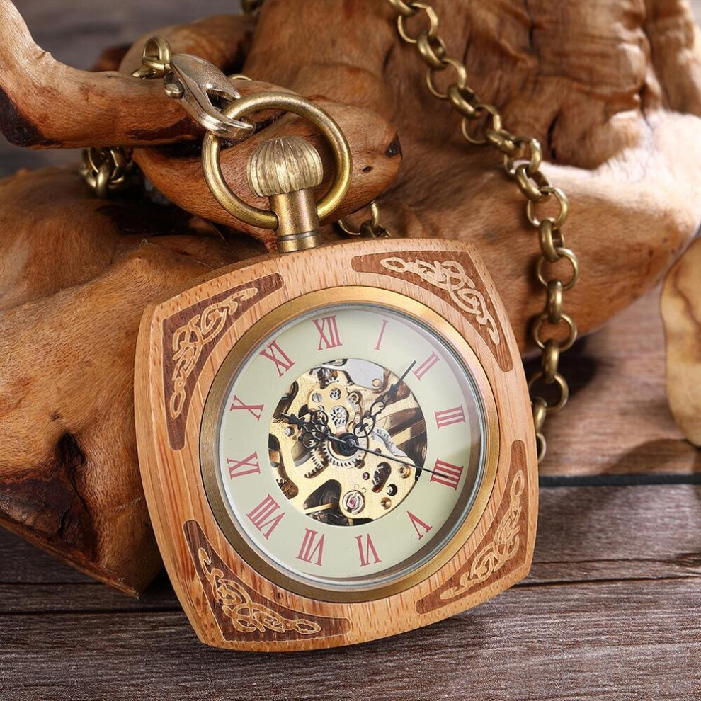 Retro Wooden Pocket Mechanical Watch Men & Women Hand Wind Chain Necklace Red Rose Wood Watches for Men and Women Unisex-image-OPC-PBTJT8M-NEW