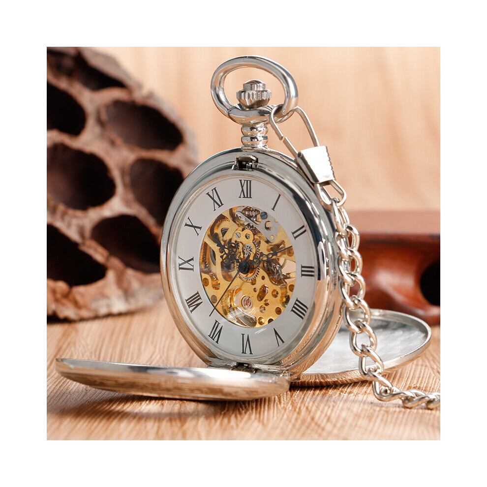 Silver Hollow Double Hunter Pocket Watch Mechanical Hand Winding Pendant Pocket Watches Unisex Roman Numerals Clock Gift-image-OPC-PBTJT8F-NEW