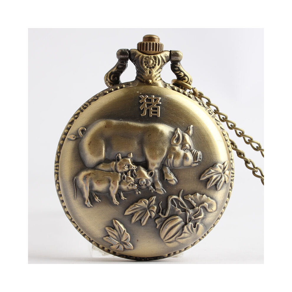Bronze Vintage Chinese Zodiac Pig Large Quartz Pocket Watch Necklace Chain Pendant Mens Womens Watch Gift A289-image-OPC-PBTJTBG-NEW