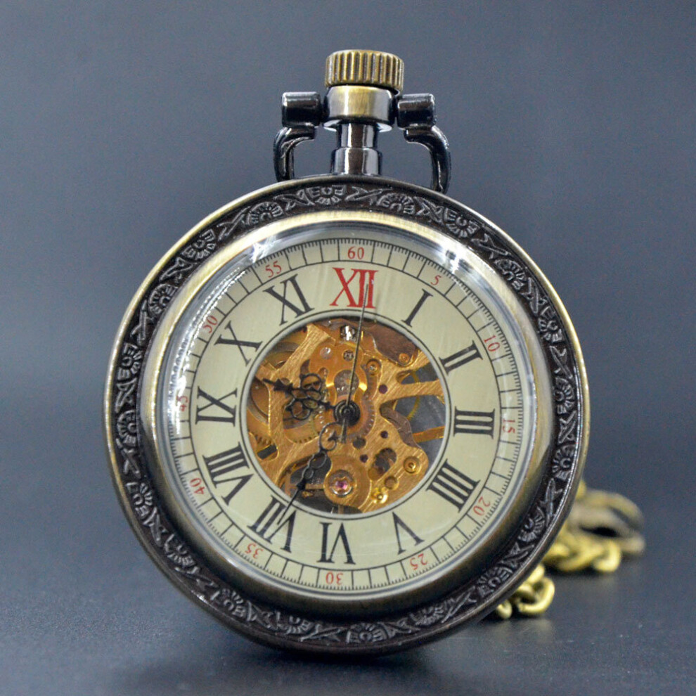 Roman Numerals Bronze Mechanical Hand Wind Pocket Watch Skeleton Gears Watch Men Women Watch Large Dial Pocket Chain Gift M064-image-OPC-PBTJTKD-NEW
