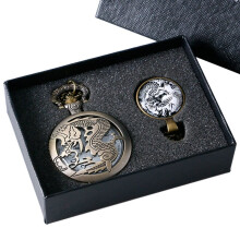Sreampunk Men's Fiery Dragon Fire Hollow Vintage Bronze Quartz Analog Pocket Watch Gift Set Necklace Pendant for Boy + Watch Box