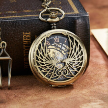 Vintage Silver Angel Double Wings Mehanical Pocket Watch FOB Chain Hollow Skeleton Hand Wind Mechanical Mens Womens Watch
