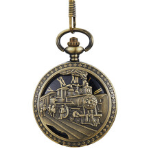 Roman Numeral Vintage Mechanical Pocket Watch Skeleton Steampunk Bronze Train Antique Fob Chain Clock for Men Women Collection