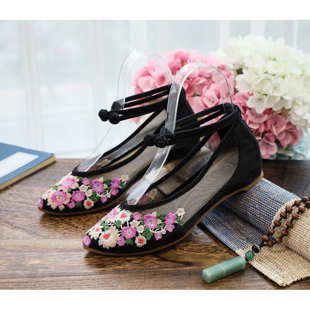 (Black-7.5) Summer Gauze Fabric Women Flower Embroidered Ballet Flats Ladies Casual Pointed Toe Ankle Strap Ballerinas Shoes