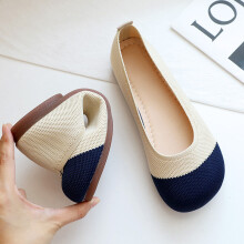 (Deep Blue Black-35) Espadrille Autumn Knitted Flats Shoes Women Casual Moccasin Square Toe Slip Loafers Flat Heel Basic Patchwork Sneakers