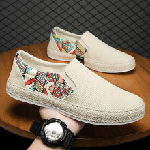 (Beige-44) Breathable Corduroy Board Shoes for Men's Straw Woven Fisherman Casual Shoes Wear-resistant Anti-skid Canvas Driving Shoes