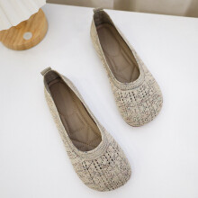 (Beige-6.5) Sneakers Women Casual Shoes Flat Heel Hollow Loafer Round Toe Knitting Fabric Espadrille Flats
