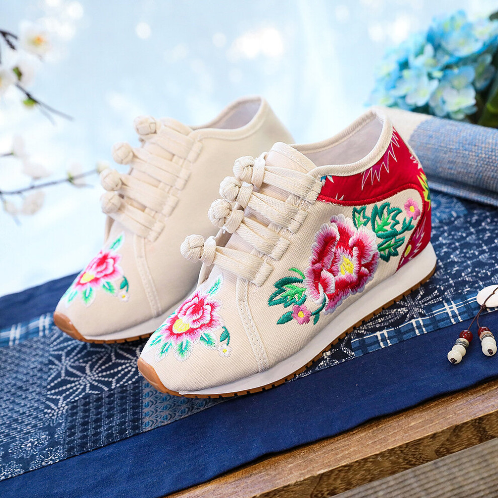 Beige 8.5 Spring Women s Flower Embroidered Flat Platform Shoes Chinese Ladies Casual Comfort Denim Fabric Sneakers Shoes on OnBuy