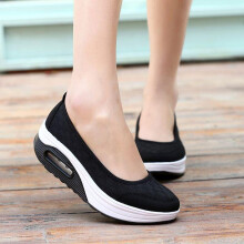 (Black-39) Air Cushion Thick Bottom Shallow Mouth Rocking PU Women's Shake Casual Fitness Rocking shoes Swing Woman Toning Platform Shoes