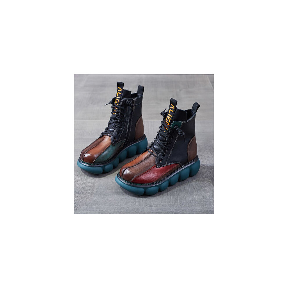 Autumn Boots Women Mixed Colors Shoes Round Toe Lace Up Casual Thick-soled Ladies Flat Platform Short Boots-image-OPC-PBTKCSX-NEW