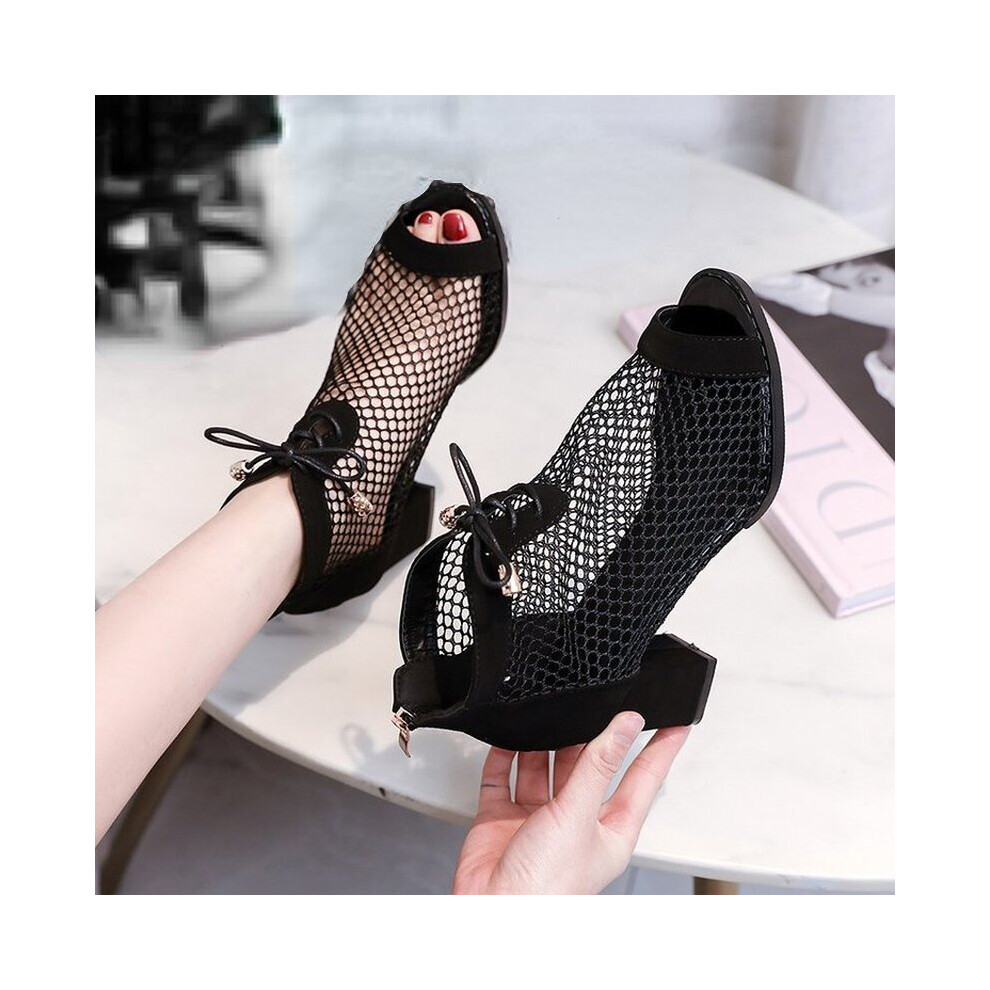 Ladies Sandals European and American Mesh Hollow High Heel Booties Thick Heel Leopard Print Fish Mouth-image-OPC-PBTKCVR-NEW