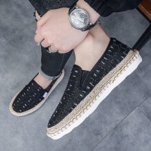 (Black-41) Male Moccasin Breathable Casual Canvas Shoes Hemp Insole Fisherman Shoes Slip on Loafers Men's Espadrille Summer Flats Shoe