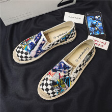 (Checks Blue CM25 Beige-39) Summer Men Anime Loafers Colorful Graffiti Print Men Canvas Loafer Flats Comfortable Slip-on Espadrilles Men Fisherman Shoes