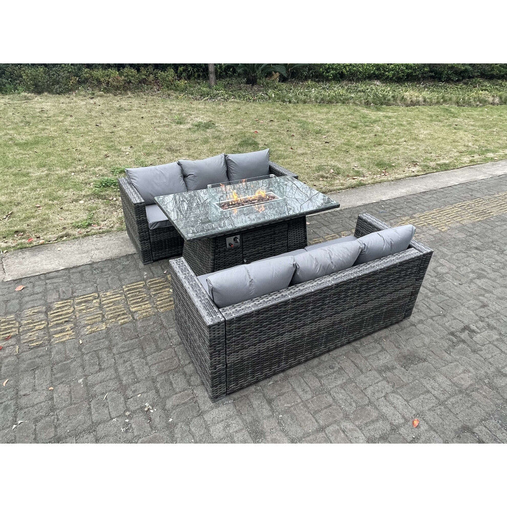 (6 seater) Fimou PE Rattan Garden Furniture Gas Fire Pit Dining Table Lounge Sofa