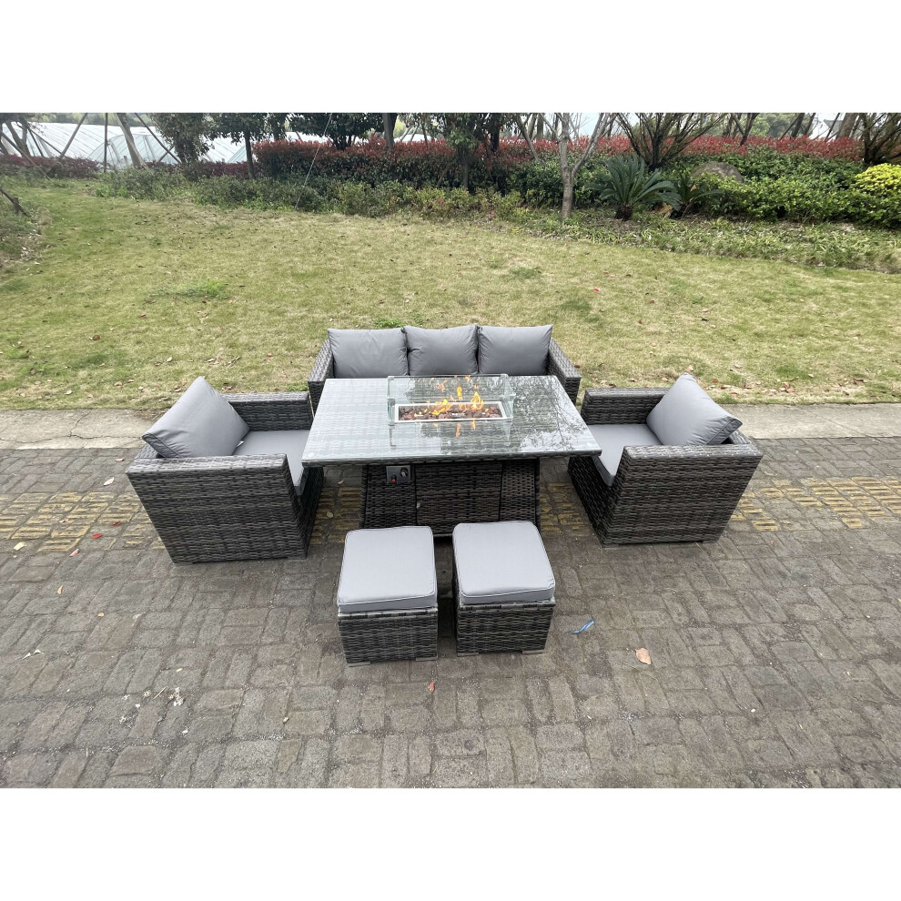 (5 seater+2*small footstools) Fimou PE Rattan Garden Furniture Gas Fire Pit Dining Table Lounge Sofa
